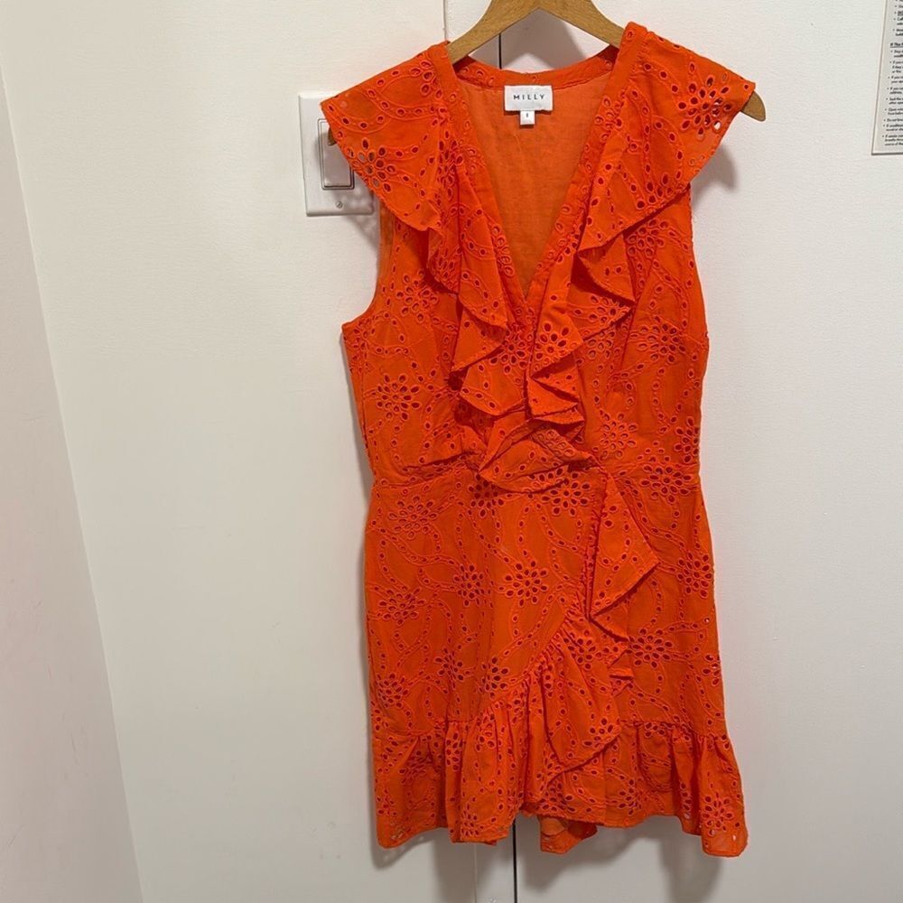 Milly Novi Eyelet Wrap Dress Tangerine. Size 8. - Picture 2 of 9